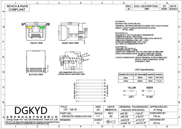 DGKYD52TE1188AB1A1DY1008 8Pin Connector RJ45 Without Transformer