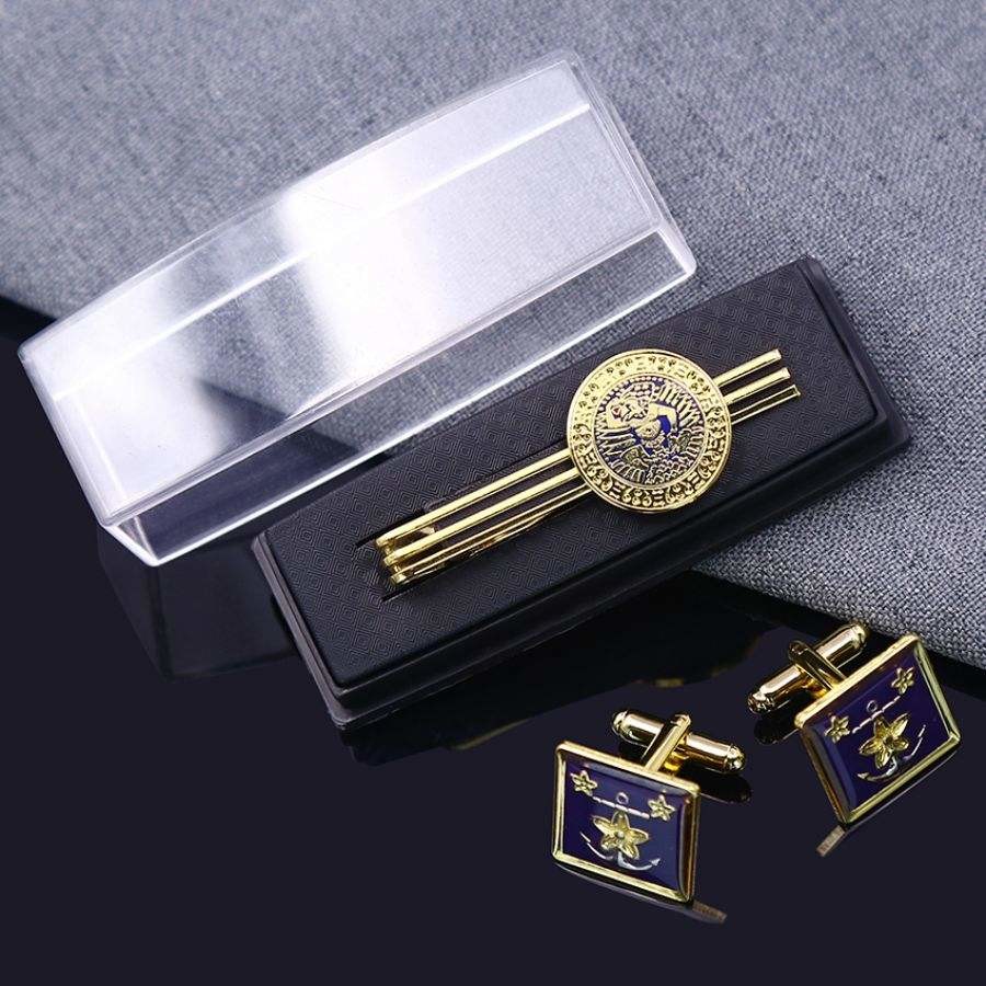 Zinc Alloy Brass Cufflink And Tie Bar Set With Custom Logo