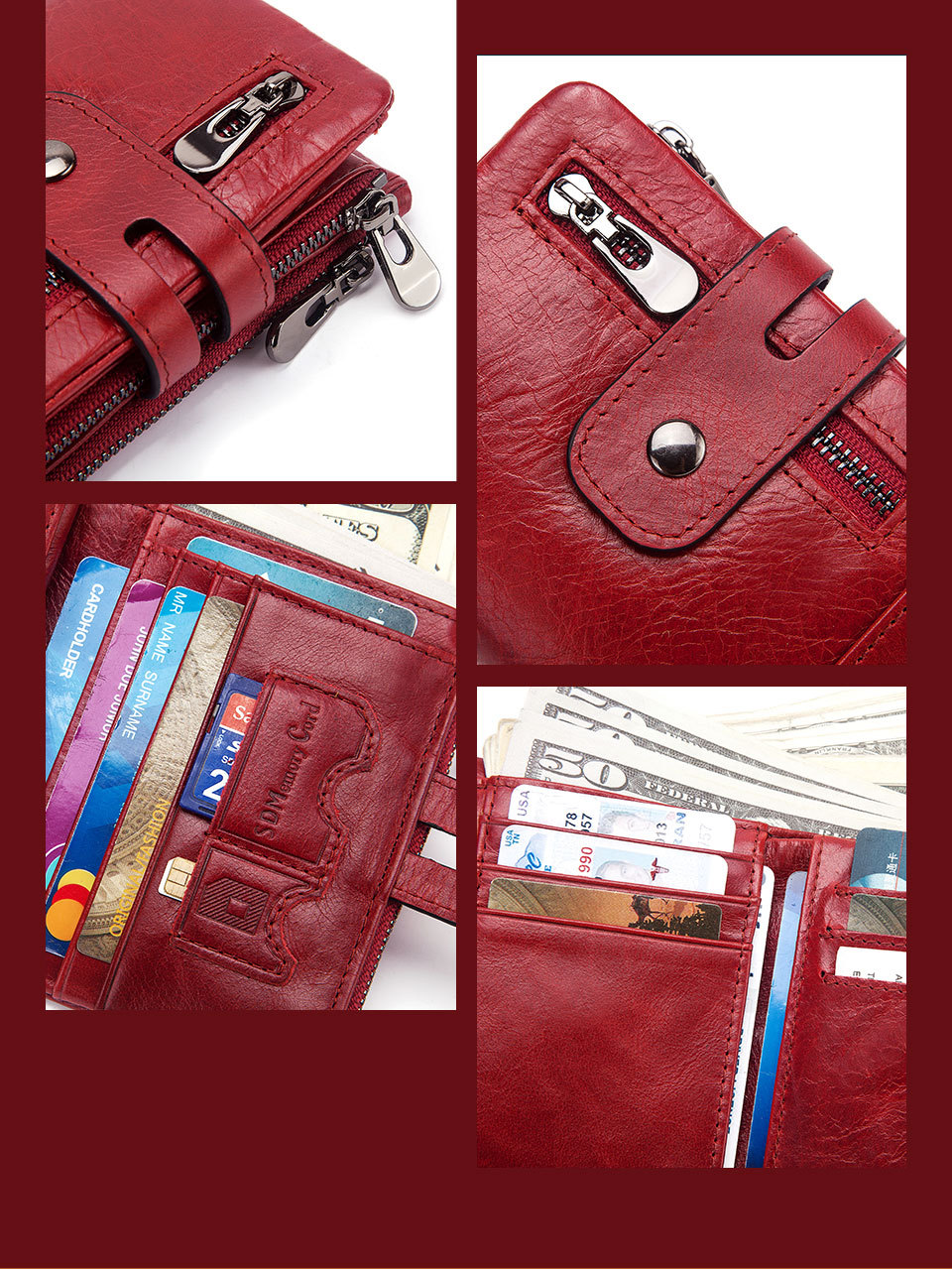 100% Genuine Leather Male Purses With Zip Coin Customize Logo Men Wallet And Card Holder