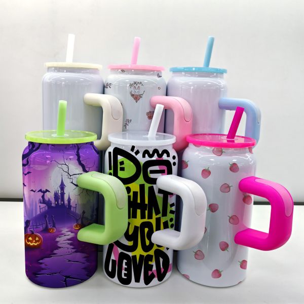 16oz Sublimation Stainless Steel Mason Jar Double Vacuum Tumbler With Handle And Straw Lid