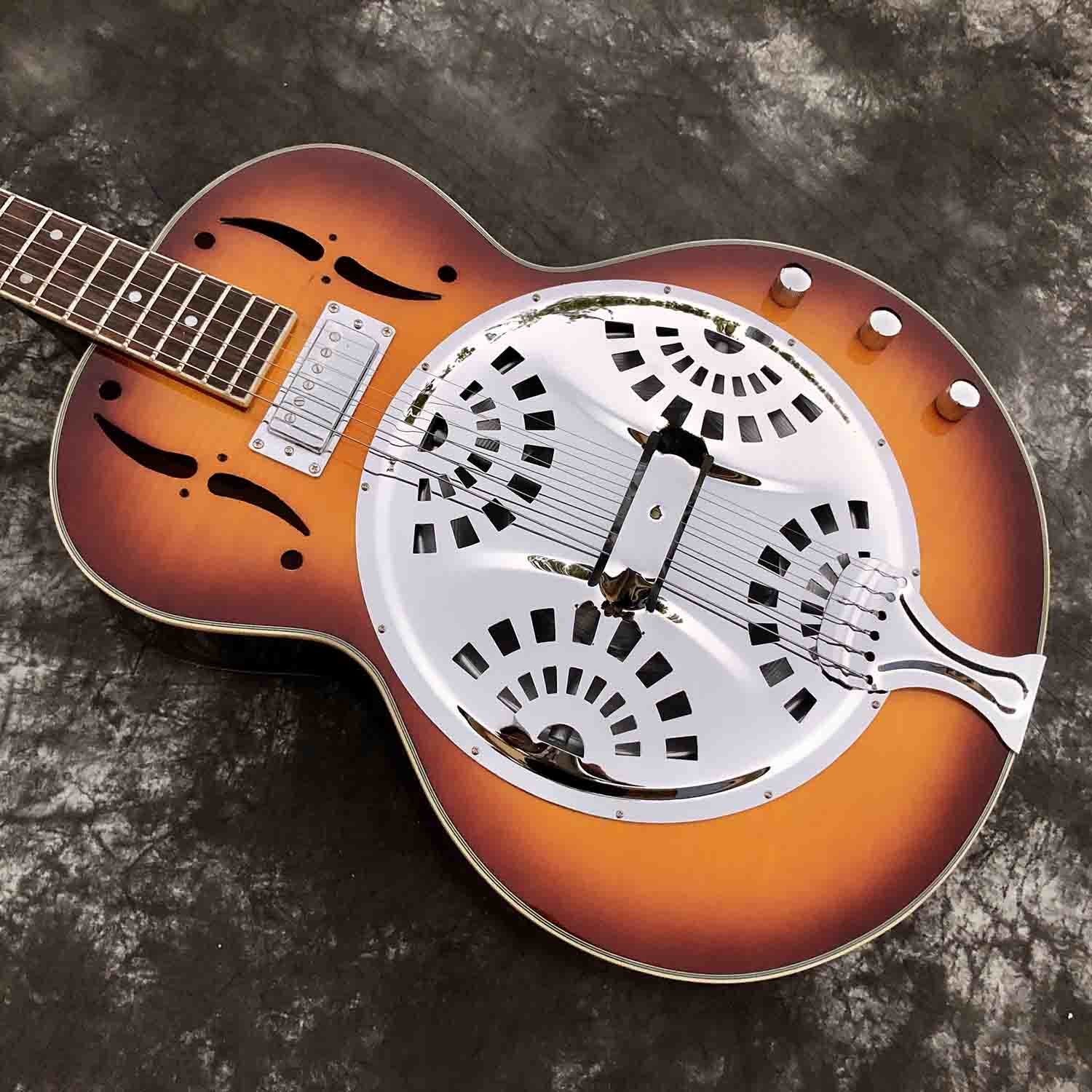 Custom Cherry Burst Flamed Maple Top Dobro Resonator Steel Electric Guitar