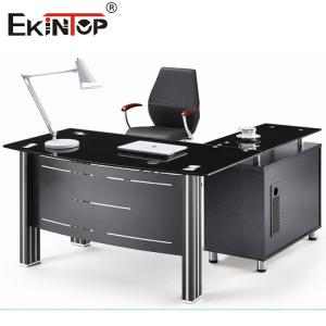 China Modern Glass Desk Top With Metal Legs And Drawer Executive Glass Table wholesale