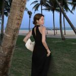 Retro V Neck Sleeveless Halter Black A Line Midi Dress