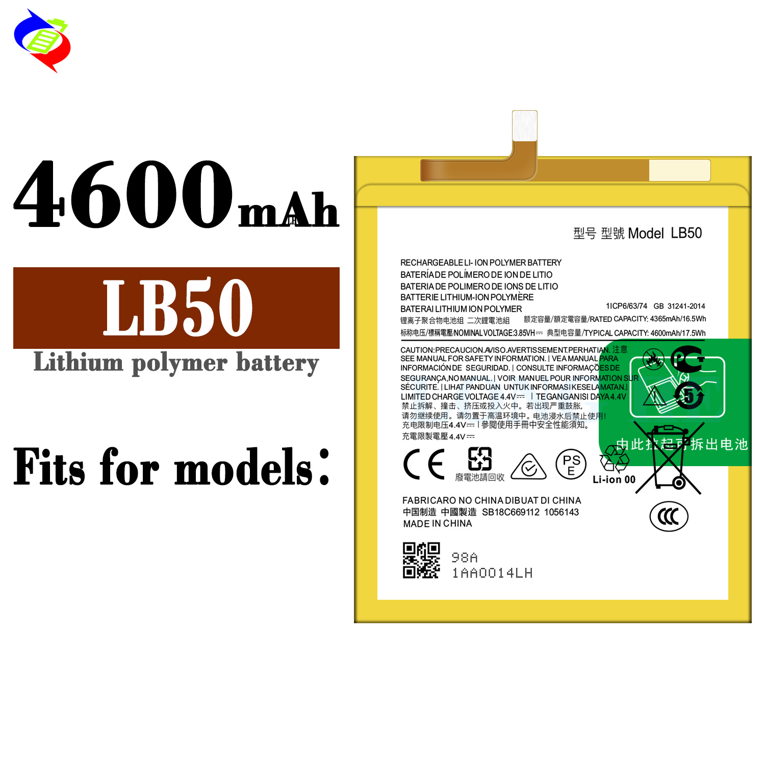 White Replaceable Charging Lithium Polymer Battery for Motorola LB50 4.4V 4600mAh