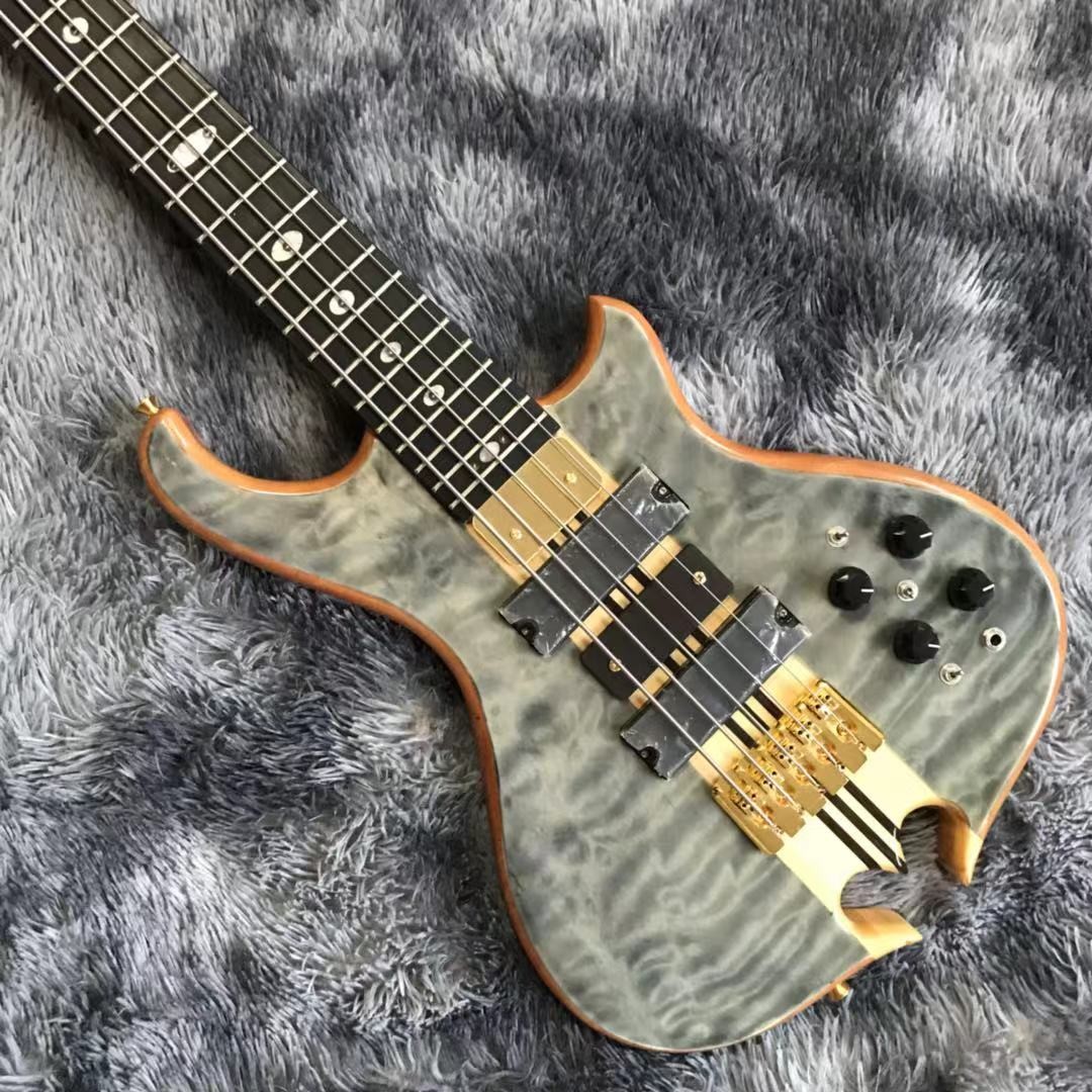 Custom Grand Neck Through Body Flamed Maple Top 5 Strings Bass Guitar Alem Cut Bottom Side LEDs