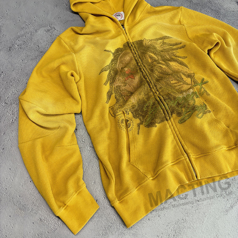 Men's Custom Waffle Knit Zip Hoodie Heavyweight Oversized Distressed Vintage Acid Wash