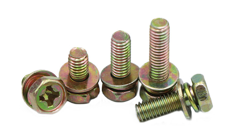 Yellow Chromated Steel Phillips Drive Hex Head Screws With Spring And Plain Washer Assemblies Screws