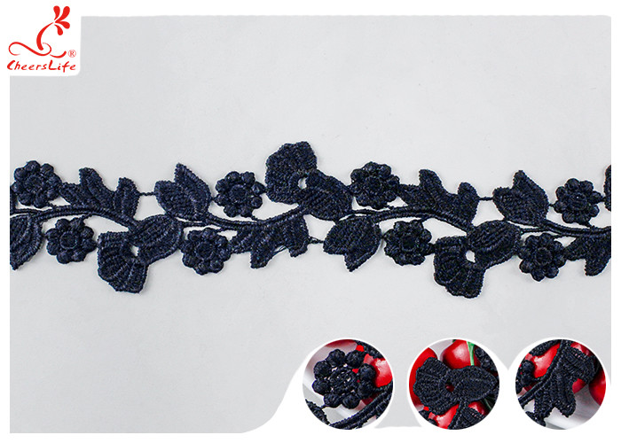Black Floral Embroidery Edging Lace Trim Via Water Soluble With High Color Fastness Dye
