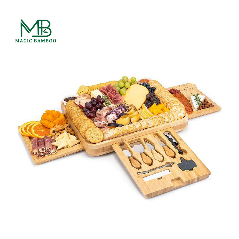 Customized Logo Acceptable Bamboo Charcuterie Cheese Board With Hidden Knife Set 39x33x5cm