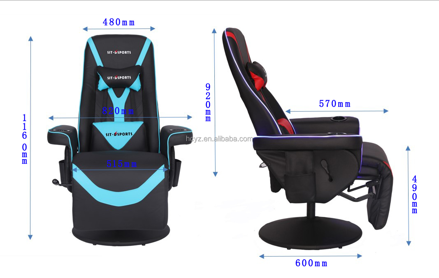 Luxury Black/Blue Racing Style Gaming Sofa with Cup Holder LED Lighting and Footrest