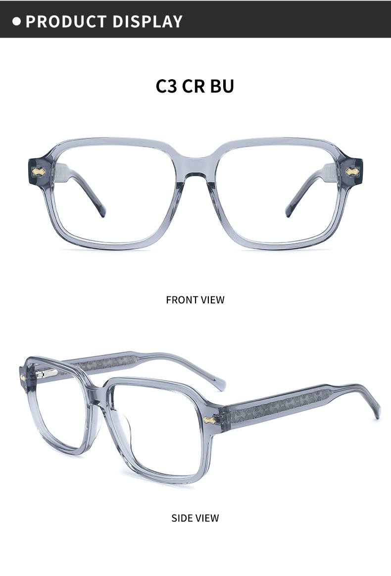 CNC Milling Square Acetate Material Glasses Gray Clear Lens Thick