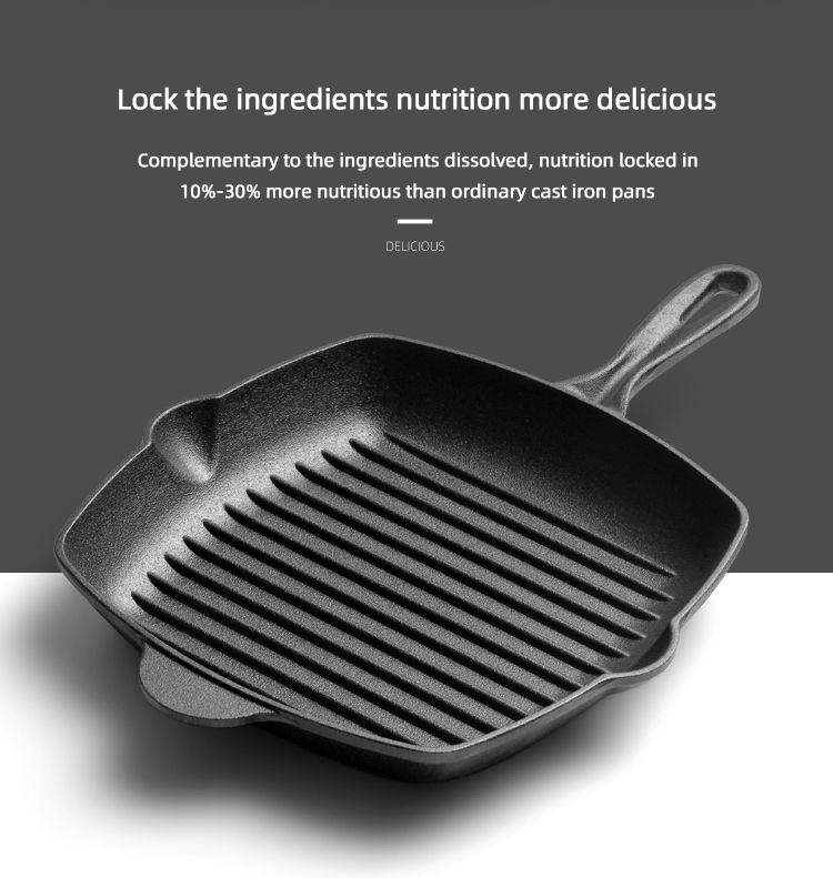 Kitchen Cooking Grill Steak Non Stick Cast Iron With Wooden Handle