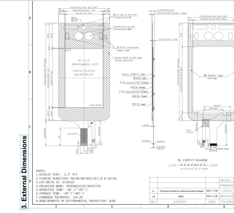 IPS TFT LCD Capacitive Touchscreen 480x800 2 Lane MIPI DSI Interface