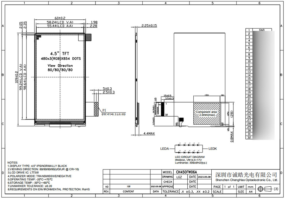 4.5 inch Tiny LCD Screen 480x854 Pixels 80/80/80/80 Viewing Angle