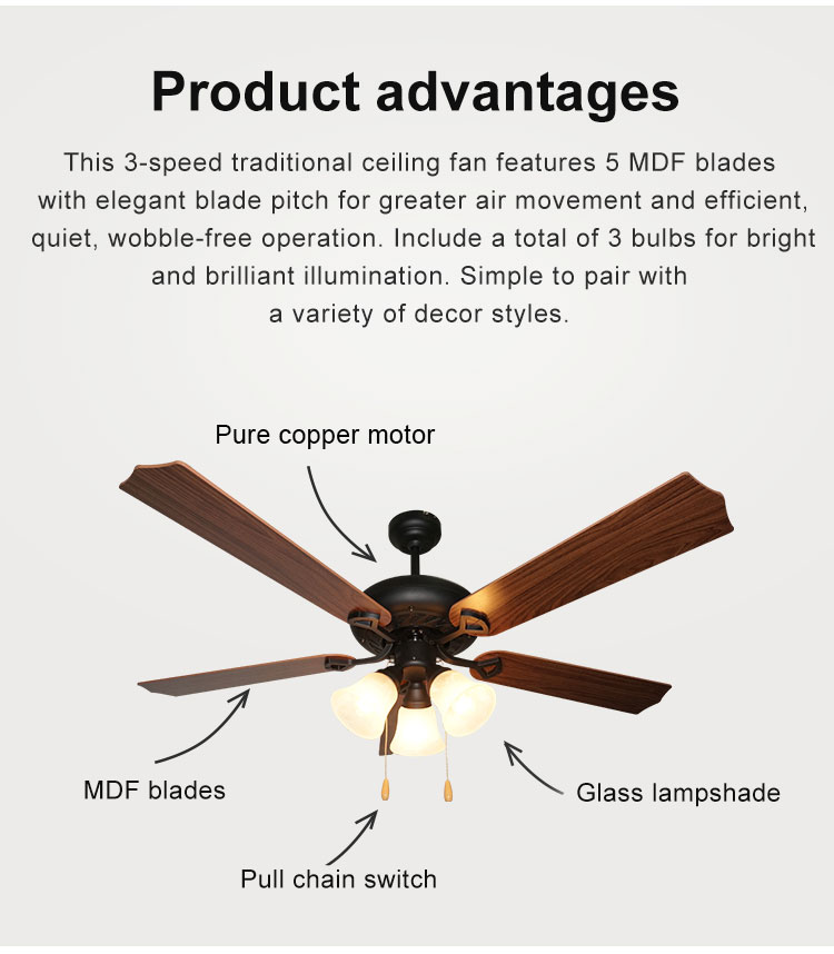52 inch Traditional LED Ceiling Fan with 5 MDF Blades and Lighting Solutions Service