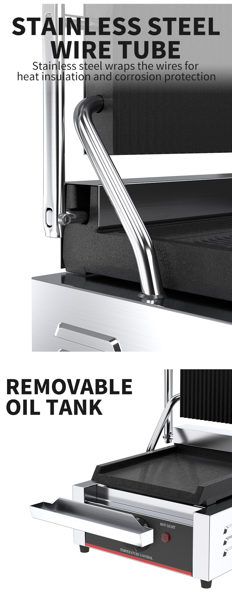 Non Stick Coated Stainless Steel Panini Press with Top Grooved and Bottom Flat Plates