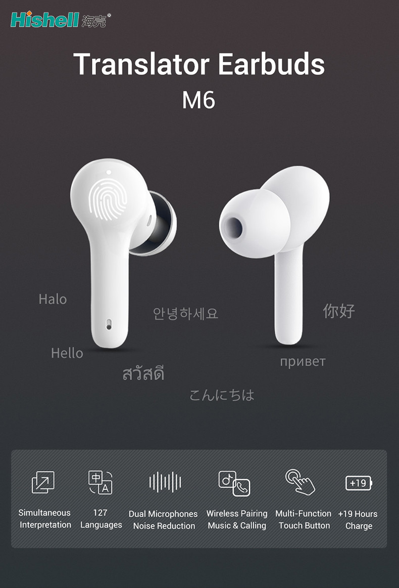 White ABS Wireless Translation Earbuds Language Translator Instant Live WT2 M6