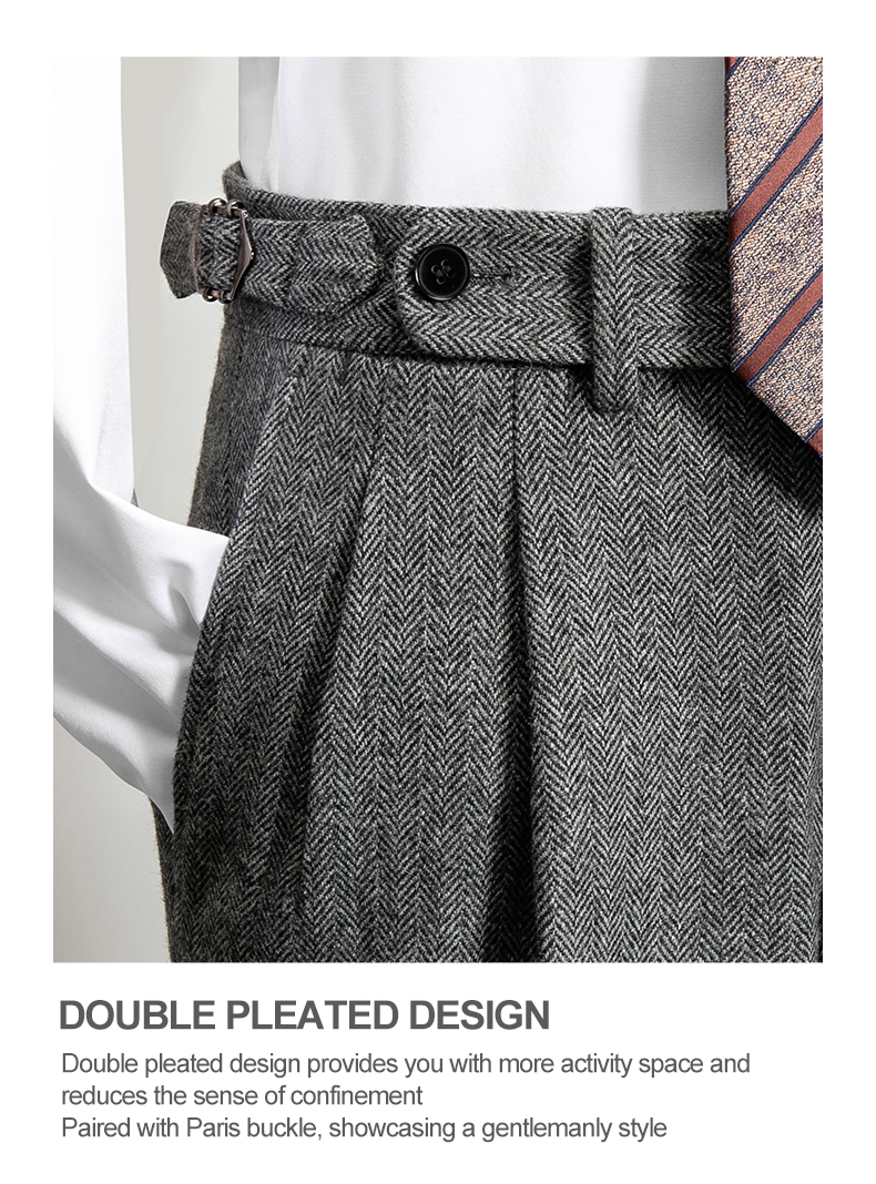Customizable Logo Men's Gray Tweed Herringbone Wool Trousers for Business and Casual Wear