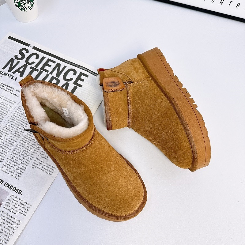 Thick-Soled Wool And Velvet Thickened Women'S Snow Boots Cowhide Non-Slip Short-Tube Cotton Shoes