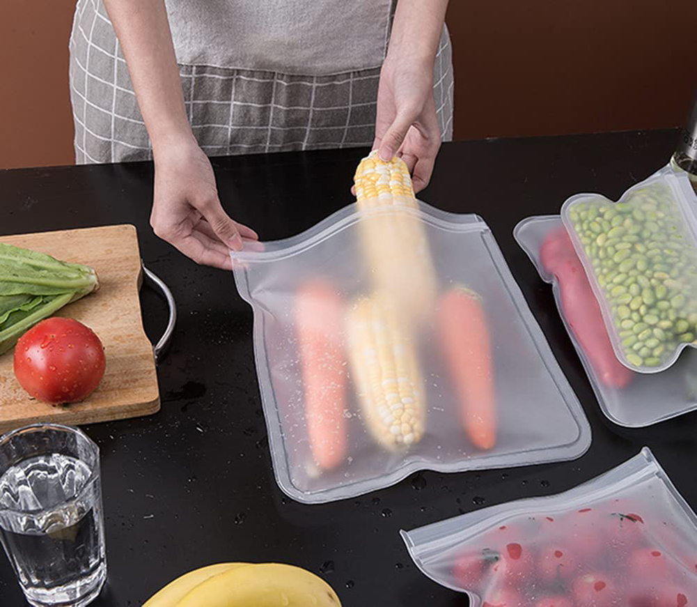 Reusable Leakproof Silicone Food Storage Bag with Zipper Top and Self Sealing Design