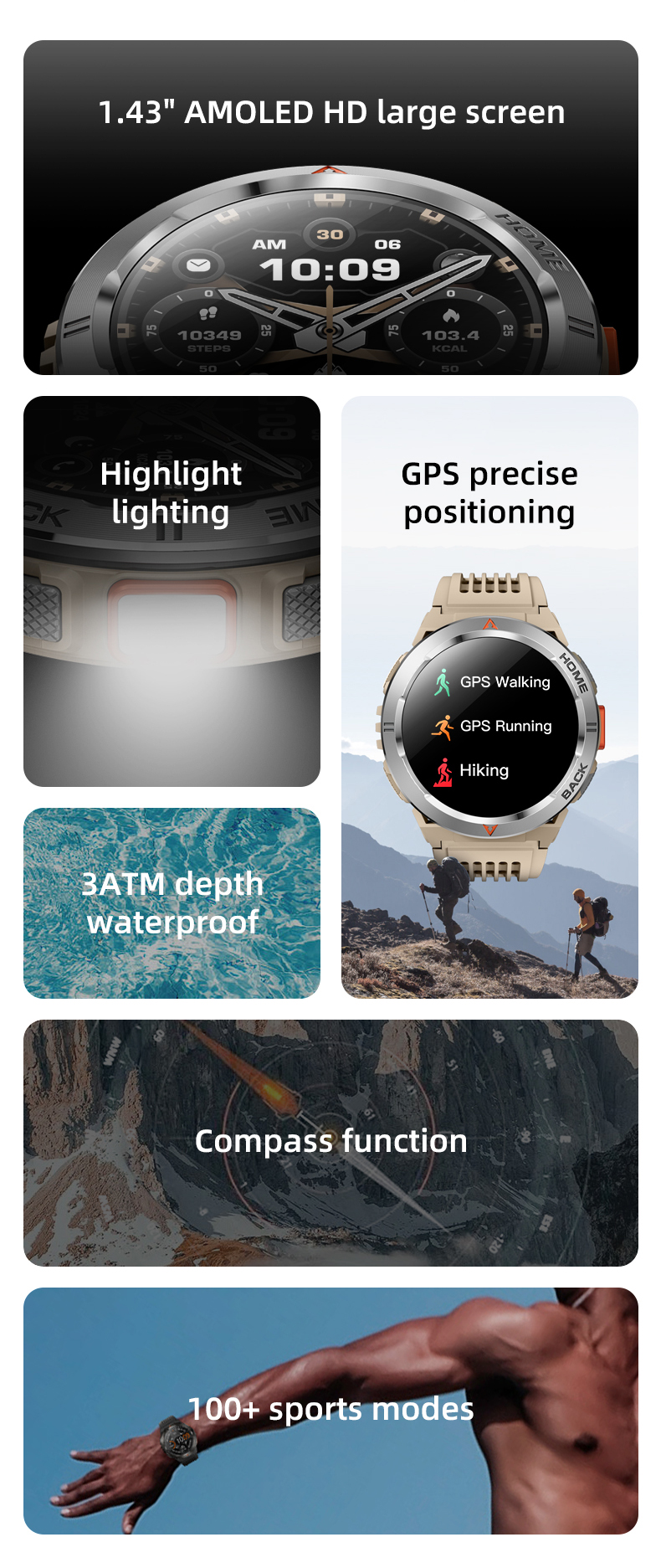 GS500 1.43inch AMOLED Smart Watch with GPS and 3ATM Waterproof