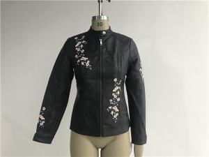 China Multi Color Pu Leather Coat , Black Embroidered Mandarin Collar Flower Tw78425 wholesale
