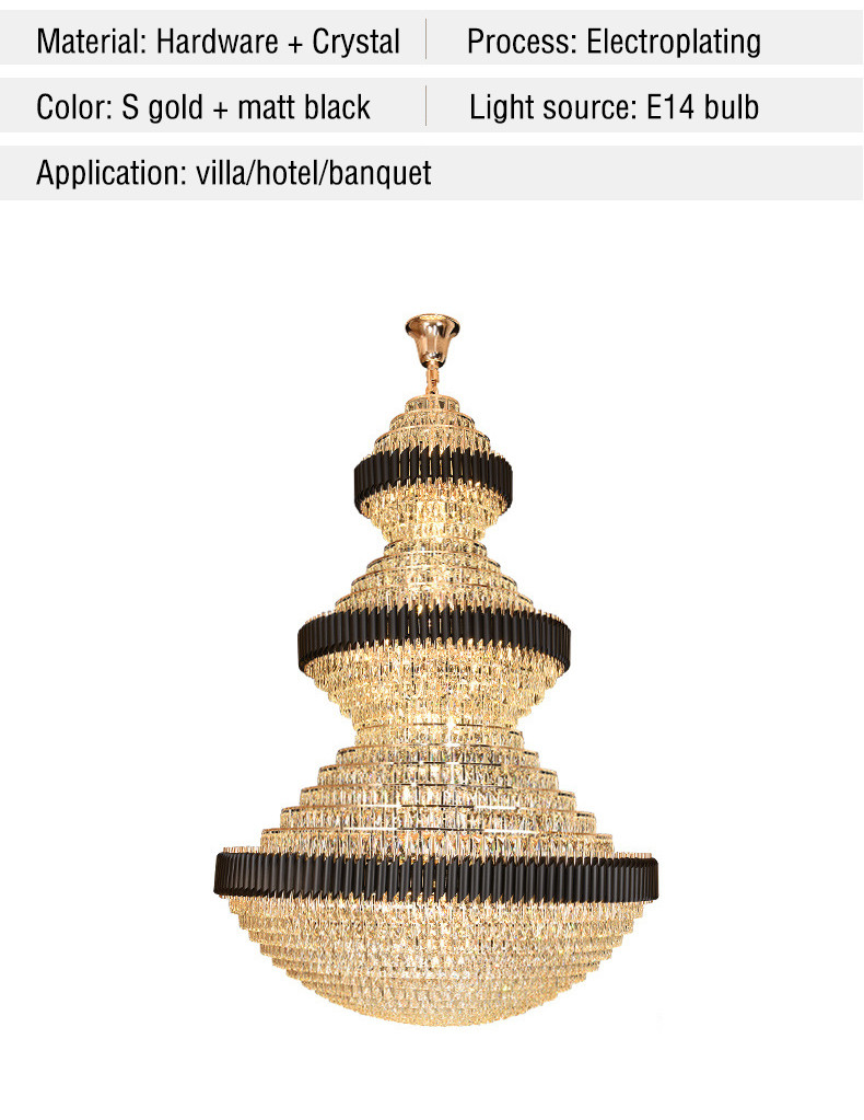 Top luxury Staircase Chandelier Lighting Large Home Decoration Crystal black ceiling light(WH-NC-93)