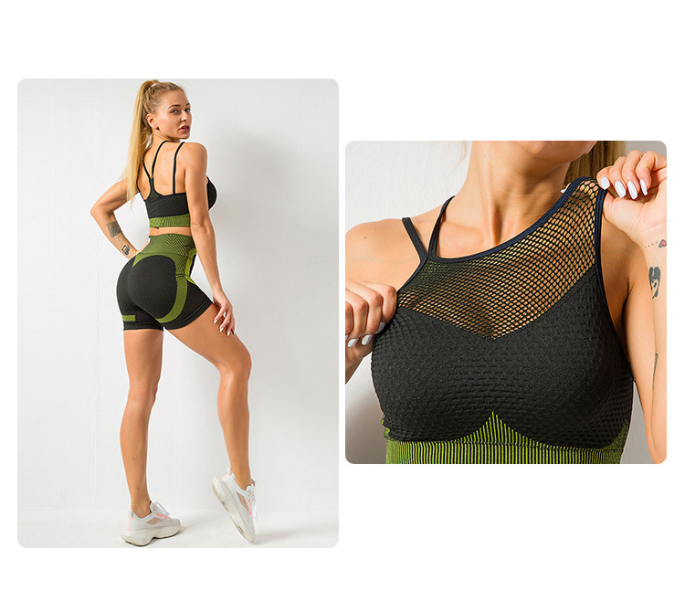 S M L Gym Shorts And Sports Bra Set Sexy Strappy Seamless Set Sexy Mesh