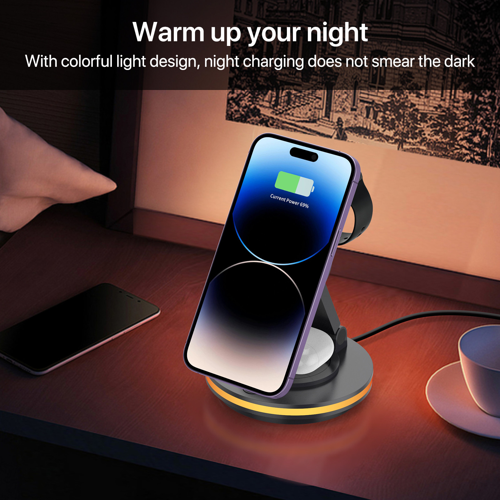 4 In 1 Magnetic Rotary Wireless Charging Station Foldable Stand PD/QC Input CE/FCC/RoHS Certified