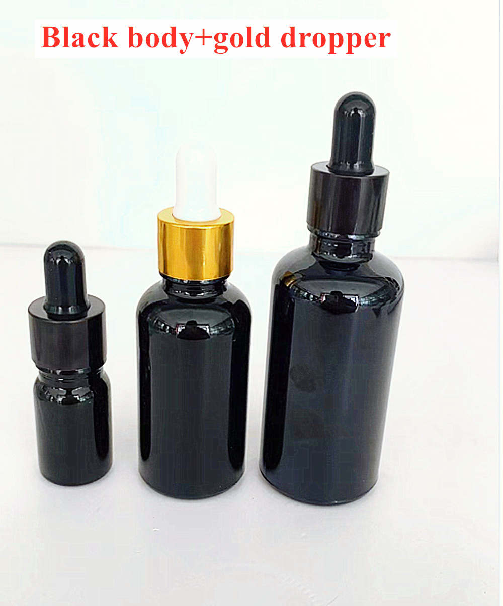 10ml 30ml 50ml 60ml Skin Care Use Black Round Glass Dropper Bottles with Gold Collar Essential Oil Bottle