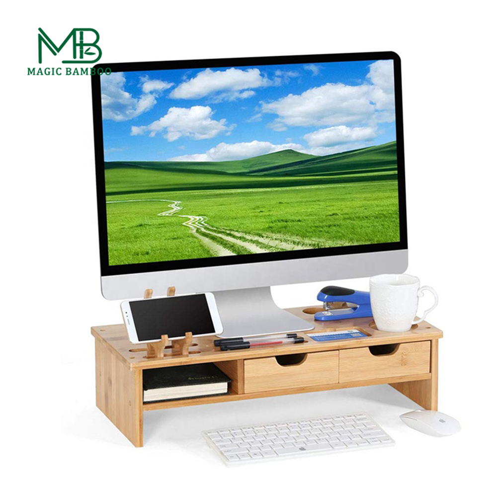 Single-Tier 54x22.5x14cm Bamboo Computer Monitor Riser with Desktop Stand and 2 Drawer