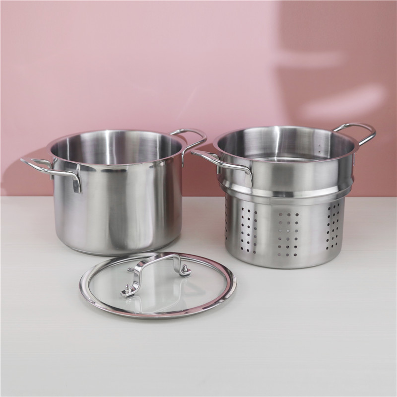 Double layer food kitchen pot spaghetti cooking pot with glass lid steamed grid