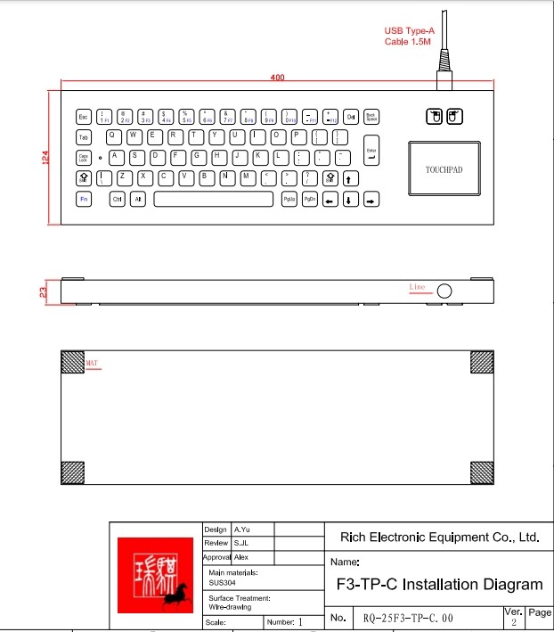 Industrial Stainless Steel Keyboard With Touchpad For PC USB Port Type A Interface
