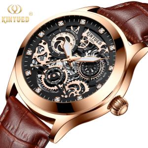 China KINYUED oem waterproof custom logo leather fashion tourbillon skeleton wrist watch luxury automatic watches mens watch wholesale
