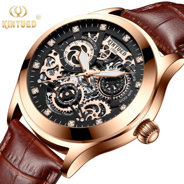 KINYUED oem waterproof custom logo leather fashion tourbillon skeleton wrist