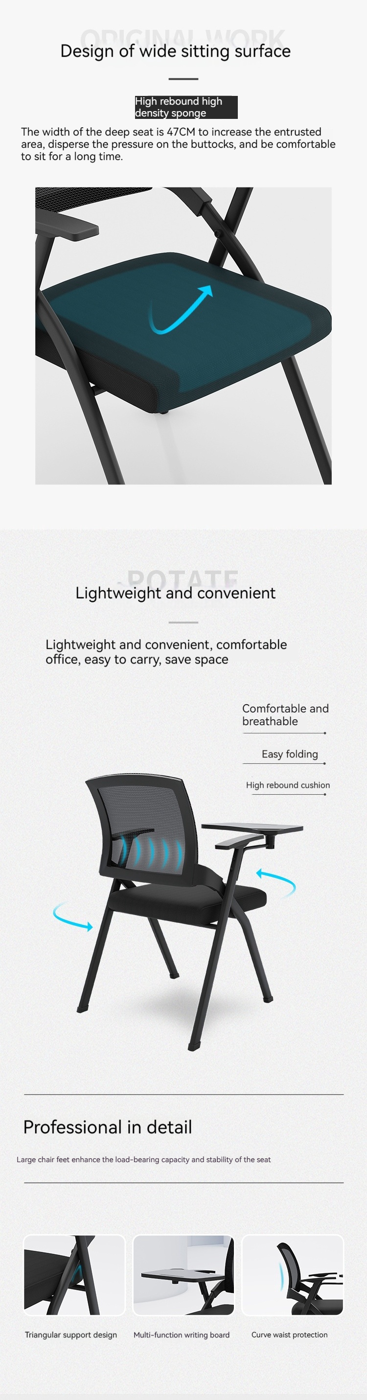 Office Upholstered Foldable Training Chair with Mesh Writing Pad and Tablet Arm