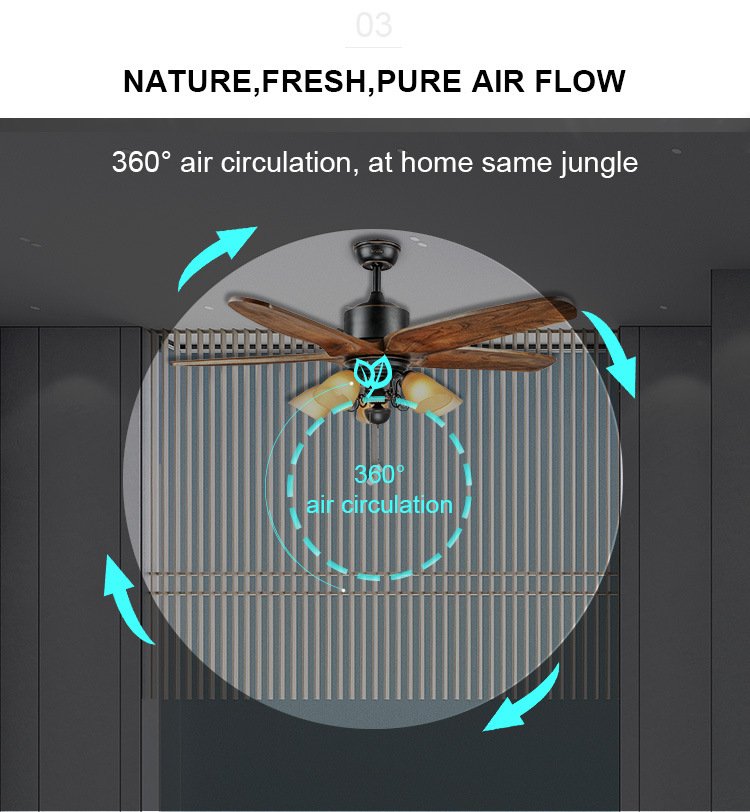 Support Dimmer 52 Inch Ceiling Fan with 5 Wooden Blades and Pull Chain 110-240V Input