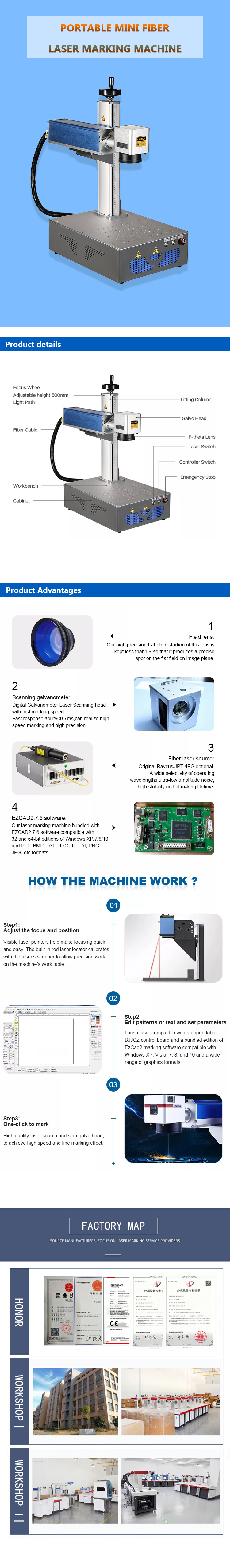 Easy to Operate 20w 30w 50w 60w JPT M7 MOPA Split Desk Portable Type Color Fiber Laser Marking Machine for Metal Engraving
