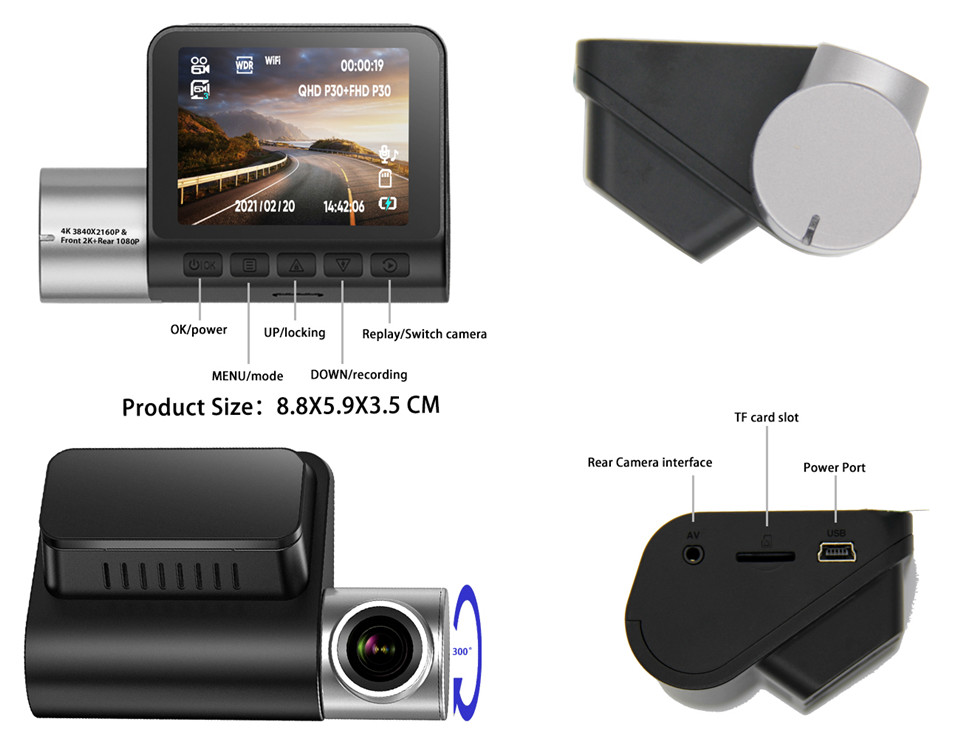 2 Inch 4K GPS Dash Cam Auto Driving Recorder Car DVR Rear View