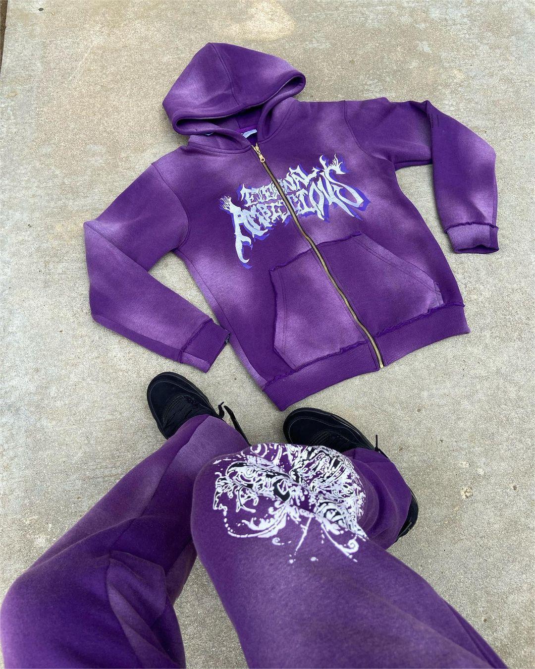 Customized Streetwear Zipper Zip Up Hoodies and Flared Sweatpants Set in Vintage Style