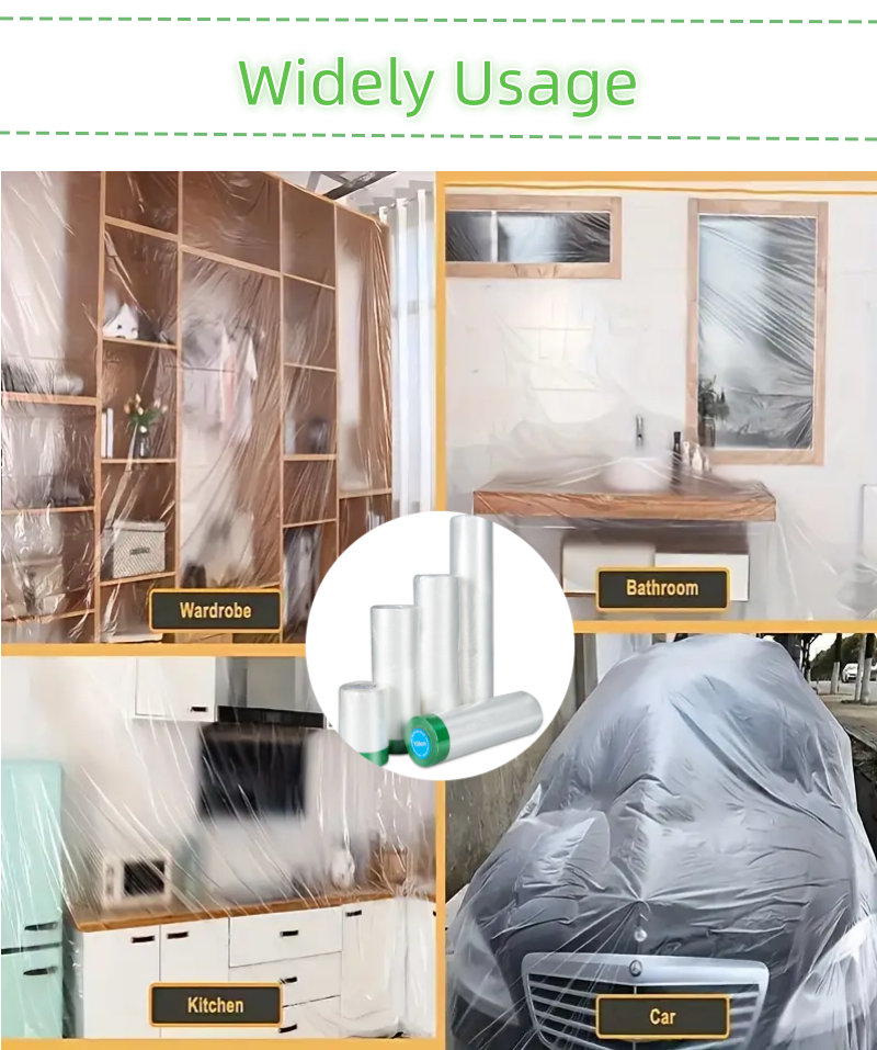 Transparent PE Pre Taped Masking Film Plastic Protection Painting For Furniture Covering