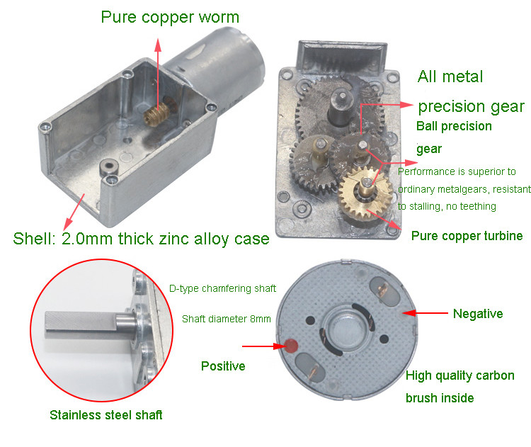 Low RPM Speed DC Worm Gear Motors 2RPM M8 Type D Shaft Reversible