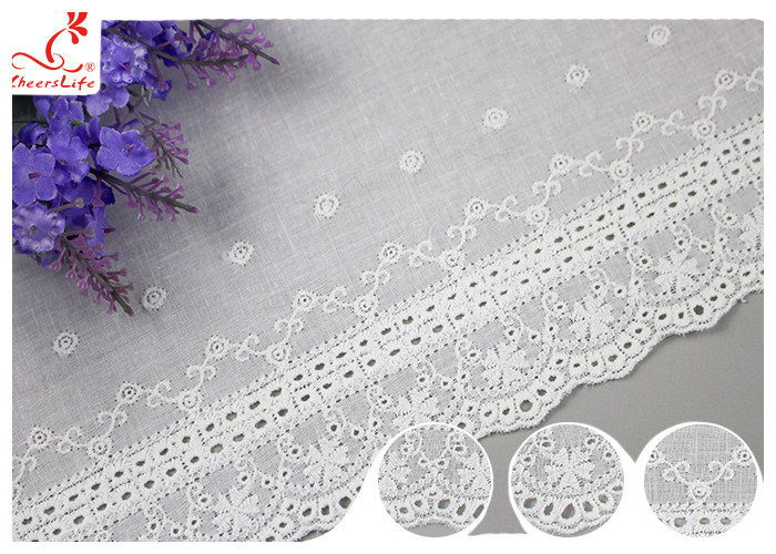White Cotton Lace Fabric / Eyelet Lace Trim Ribbon With Floral Lace Scalloped Edge DTM Color Dyeing