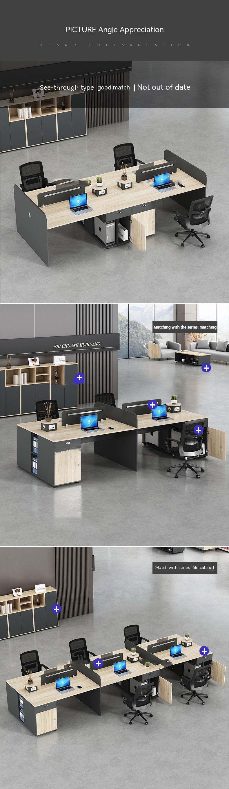 Solid Wood Style 6-4 People Double Seat Table Workstation Computer Desk and Chair Set