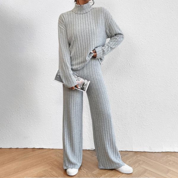 2024 Autumn and Winter Casual High Neck Knitted Long sleeved Sweater Set Women's Loose Pants Two Piece Set