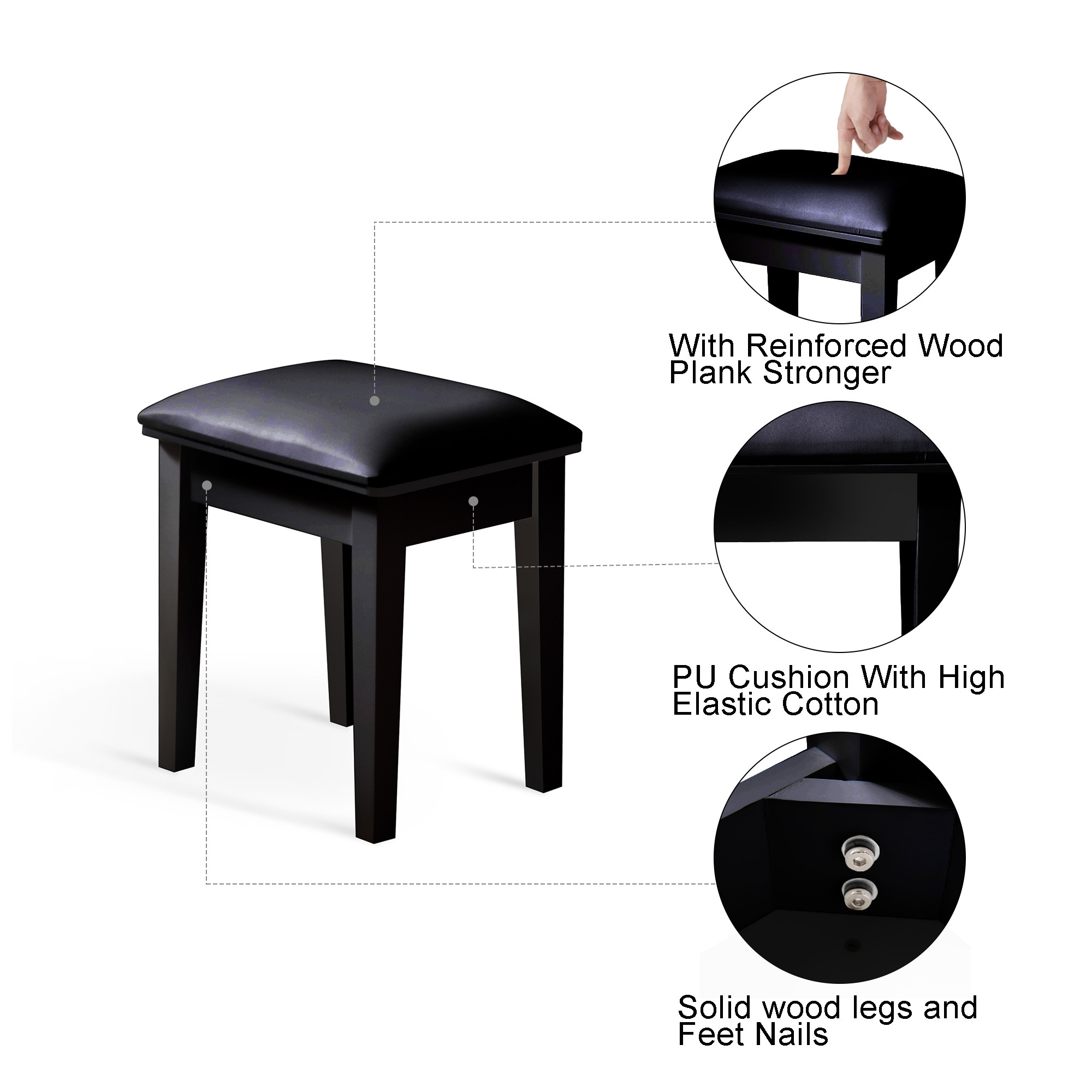 Painting MDF Makeup Vanity Bench Soft Sponge PU Padded Chair Anti Slip