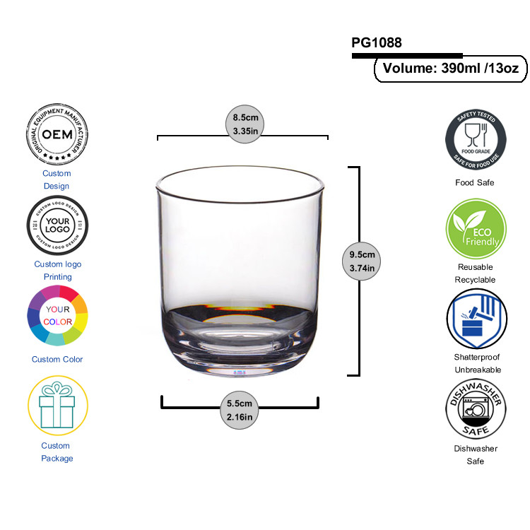 Reusable San Plastic Whisky Glasses 12oz Acrylic Drink Glasses Tumblers Flat Bottom