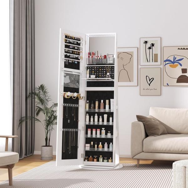 Modern Full Length Mirror Jewelry Cabinet with 3-Level Adjustable Light Strip Constant Temperature and Humidity UV Germicidal Lamp