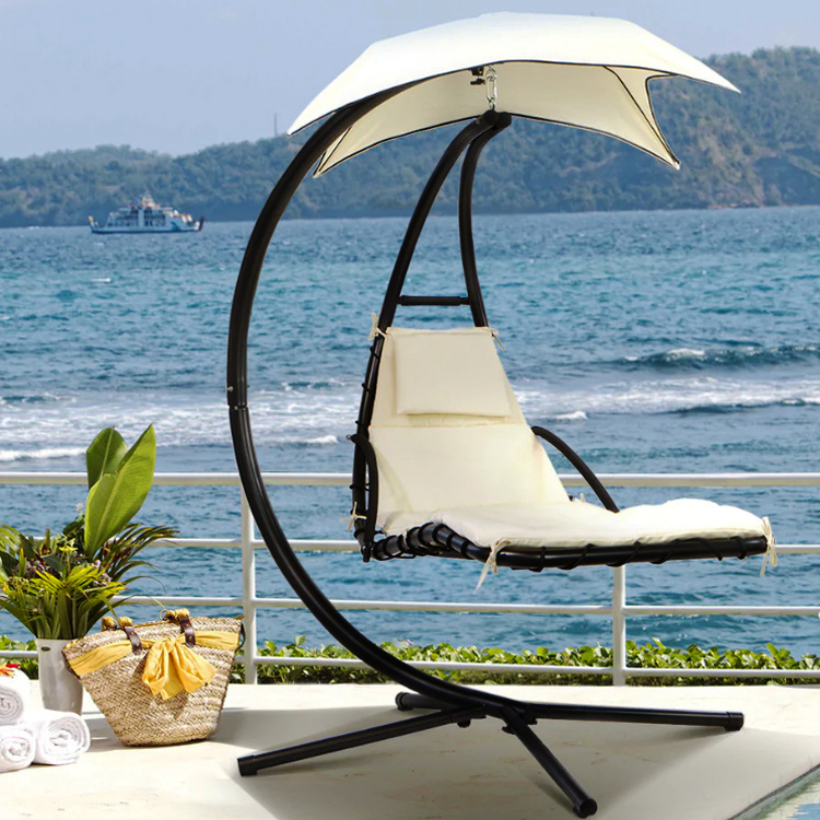 Upgrade Your Patio Modern Metal Stand Hammock Swing Chair with Cushion and Sun Canopy