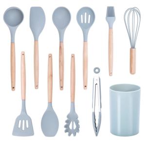 China Wooden Handle,Heat Resistant Silicone Kitchen Utensils Set 11 Pcs Gray wholesale
